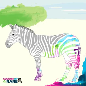Zebra mit bunten Streifen repräsentiert die Aktion Colour Up 4 Rare zum Rare Disease Day