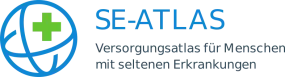 logo se-atlas zeigt eine Weltkugel mit Kreuz sowie den Schriftzug se-atlas - Versorgungsatlas für Menschen mit Seltenen Erkrankungen