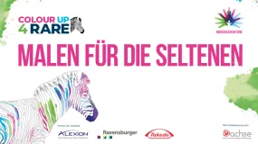 Buntes Zebra mit Logo für den Tag der Seltenen Erkrankungen wirbt für die Ausmalchallenge - Text lautet Malen für die Seltenen