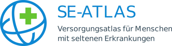 logo se-atlas zeigt eine Weltkugel mit Kreuz sowie den Schriftzug se-atlas - Versorgungsatlas für Menschen mit Seltenen Erkrankungen