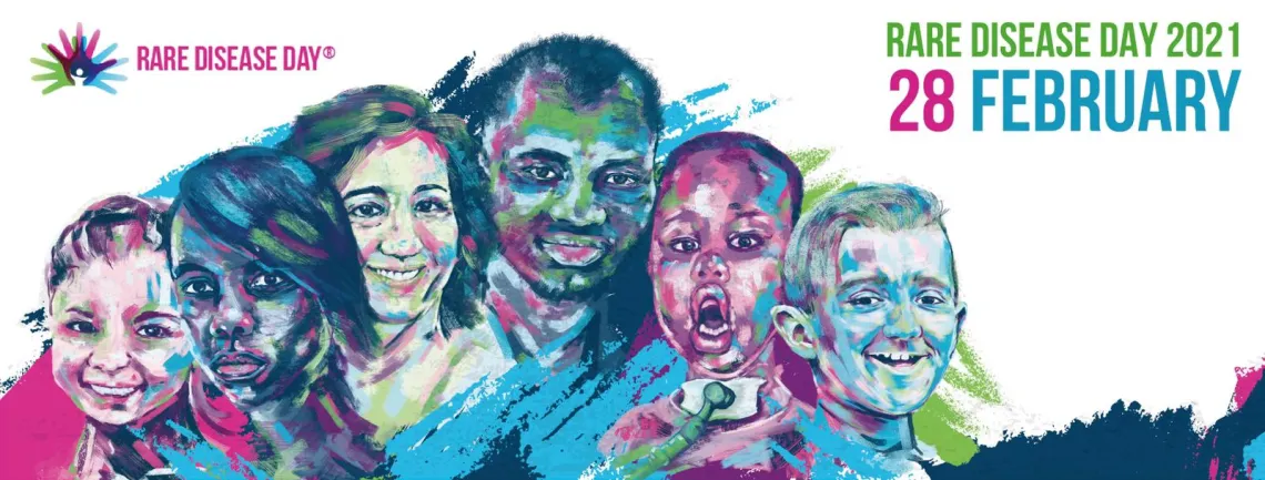 6 gezeichnete bunte Köpfe nebeneinander, sie sind die 6 Helden im Video zum Rare Disease Day