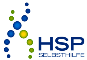Logo mit blauen und grünen Kreisen, die eine abstrakte Figur bilden, daneben der Schriftzug 'HSP SELBSTHILFE' in blauer Schrift.