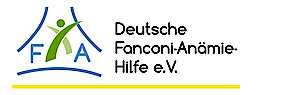 Logo der Deutschen Fanconi-Anämie-Hilfe e.V.: Links stilisierte blaue Linien, die ein Dach und eine Basis formen, dazwischen ein grünes, abstrahiertes Männchen. Die Buchstaben „F“ und „A“ stehen in Blau links und rechts des Männchens. Rechts daneben steht in schwarzer Schrift: „Deutsche Fanconi-Anämie-Hilfe e.V.“ Unter dem Logo verläuft ein gelber horizontaler Streifen.