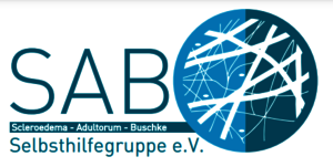 Logo mit den Buchstaben 'SAB' in Blau, daneben ein blauer Kreis mit weißen, verzweigten Linien. Darunter steht 'Scleroedema - Adultorum - Buschke Selbsthilfegruppe e.V.'