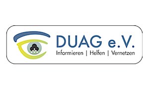 Logo mit stilisiertem Auge in Blau und Grün, daneben der Text 'DUAG e.V.' und darunter 'Informieren | Helfen | Vernetzen'.