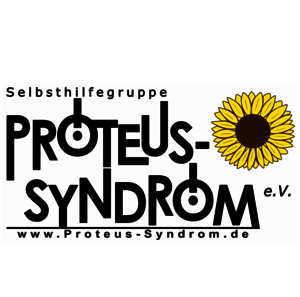Logo der Selbsthilfegruppe Proteus-Syndrom e.V. mit stilisiertem Schriftzug und einer gelben Sonnenblume rechts.