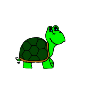 Grüne Schildkröte mit sechseckigem Panzer und fröhlichem Gesichtsausdruck, die nach rechts schaut.