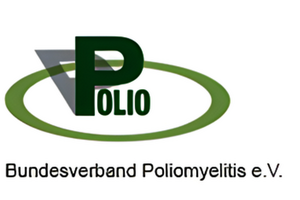 Logo des Bundesverbands Poliomyelitis e. V. mit großem grünem Buchstaben 'P', grünem Oval und grauem Dreieck im Hintergrund, darunter Schriftzug 'Bundesverband Poliomyelitis e. V.'