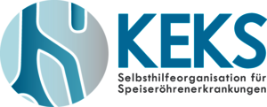 In blauen Versalien gesetzte Buchstaben KEKS , darunter in schwarze Buchstaben deie Eröläuetrung "§SElbsthilfeorgansoation für Spiseröhrenerkrankungen" sowie links daben das Bildelemente: eine Kreis der eine stilisierte Speiseröhre in Blau zeigt.