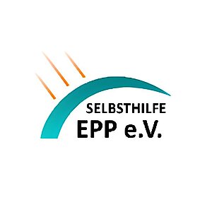 Logo mit einem türkisfarbenen Bogen und drei orangefarbenen Linien darüber, darunter der Text 'SELBSTHILFE EPP e.V.' in schwarzer Schrift.