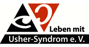 Logo mit zwei Dreiecken, eines schwarz mit einem stilisierten Auge, das andere orange mit einem stilisierten Ohr, daneben der Text 'Leben mit Usher-Syndrom e. V.'