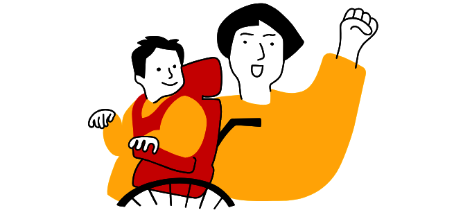 Die ACHSE kämpft dafür, dass alle Menschen mit Seltenen Erkankungen gut leben können. Illustration einer Person im Rollstuhl und einer weiteren Person mit erhobenem Arm in Siegerpose