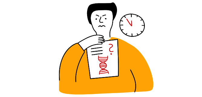 Die ACHSE Beratung unterstützt dabei, Antworten auf dringende Fragen zu finden. Person mit fragendem Gesichtsausdruck hält ein Blatt mit rotem DNA-Strang und Fragezeichen vor gelbem Hintergrund