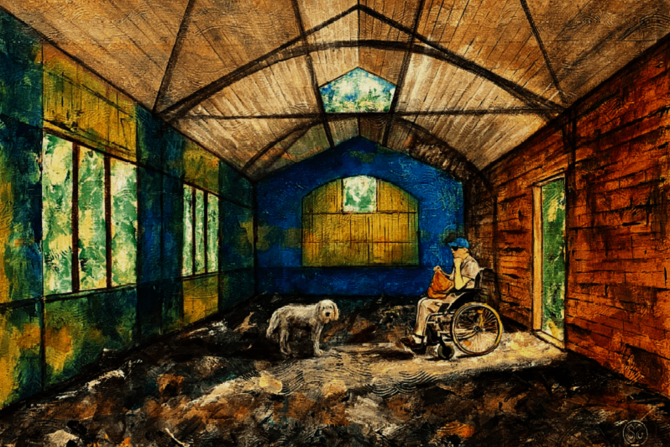 Eine künstlerische Darstellung eines großen Raumes mit hohen Decken und farbenfrohen Wänden in Gelb, Blau und Grün. Auf der rechten Seite sitzt eine Person im Rollstuhl mit einem orangefarbenen Beutel auf dem Schoß, begleitet von einem weißen Hund, der in ihre Richtung schaut. Durch große Fenster und eine offene Tür fällt Licht in den Raum, was eine ruhige und nachdenkliche Atmosphäre schafft.