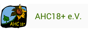 Logo mit einer gelben Sonnenblume und grünem Blatt auf blauem Hintergrund, daneben grüner Text 'AHC18+ e.V.'