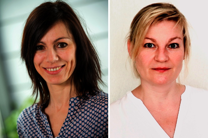 Dr. Iuso und Dr. Laugwitz (v.l.) Porträts von zwei Frauen mit unterschiedlichen Frisuren und Oberteilen vor neutralem Hintergrund