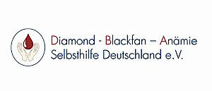 Logo mit zwei offenen Händen, die einen roten Blutstropfen halten, daneben der Text 'Diamond - Blackfan - Anämie Selbsthilfe Deutschland e.V.' in verschiedenen Farben.