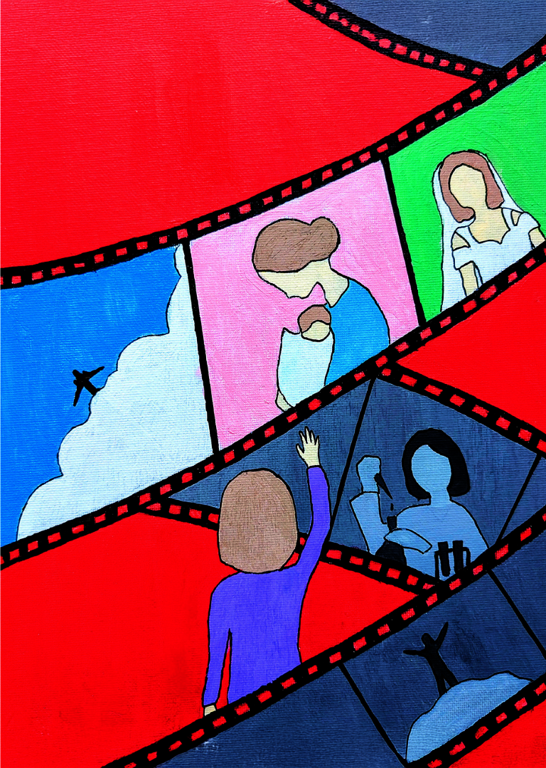 Gemaltes Bild mit Filmstreifen, der mehrere Szenen zeigt, darunter eine Person mit Kind, eine Person mit Mikrofon und eine Person, die winkt