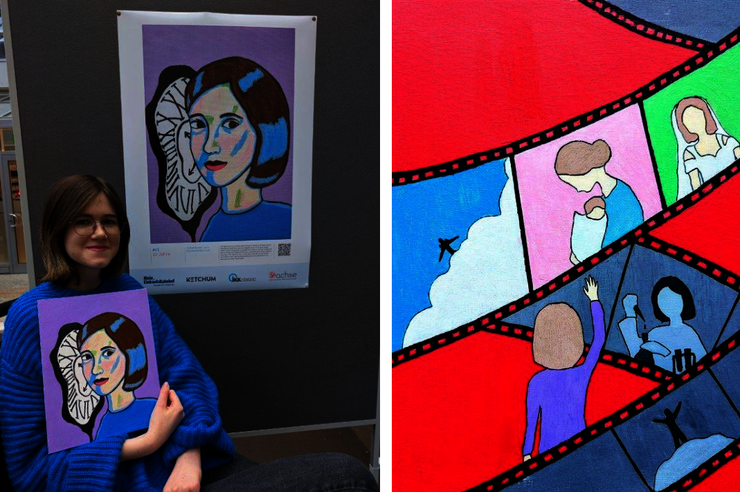 Arina Links sitzende Person mit blauem Pullover hält ein Bild mit einer stilisierten Uhr und einem Gesicht vor sich vor einem Plakat mit demselben Motiv rechts bunte Wandmalerei mit Filmstreifen und stilisierten Figuren