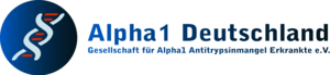 Blau-weißer Kreis mit stilisierter DNA-Doppelhelix, daneben Schriftzug 'Alpha1 Deutschland Gesellschaft für Alpha1 Antitrypsinmangel Erkrankte e.V.'