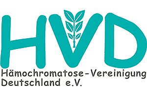 Logo mit den Buchstaben HVD in türkis, wobei der Buchstabe V ein stilisiertes Blatt mit Blattadern enthält, darunter der Text 'Hämochromatose-Vereinigung Deutschland e.V.' in grauer Schrift