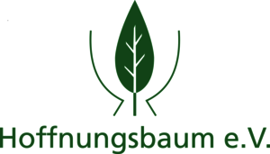 Stilisierter grüner Baum, der von zwei abstrahierten Händen in Seitenansicht eingerahmt wird