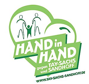 Logo der Selbsthilfegemeinschaft 'Hand in Hand gegen Tay-Sachs und Sandhoff' mit stilisierten Figuren in einem grünen Herz und der Webadresse www.tay-sachs-sandhoff.de