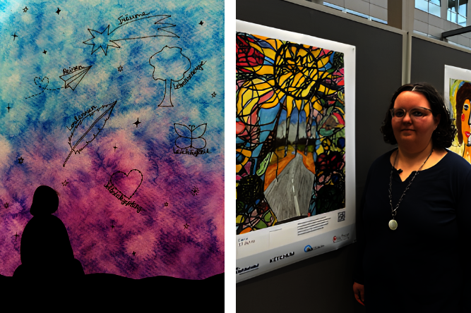 Links Silhouette einer sitzenden Person vor einem Himmel mit Sternen und handschriftlichen Worten wie 'Freiheit', 'Liebe', 'Lebensfreude'; rechts eine Person vor einem farbigen, abstrakten Bild in einer Ausstellung.