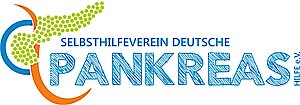 Logo des Selbsthilfevereins Deutsche Pankreas mit stilisierter Bauchspeicheldrüse aus grünen Punkten und blau-orangen Bögen.