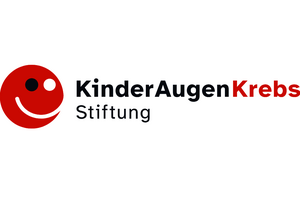 Rundes, rotes Smiley mit einem schwarzen und einem weißen Auge neben dem Schriftzug 'KinderAugenKrebs Stiftung' in schwarzer und roter Schrift.