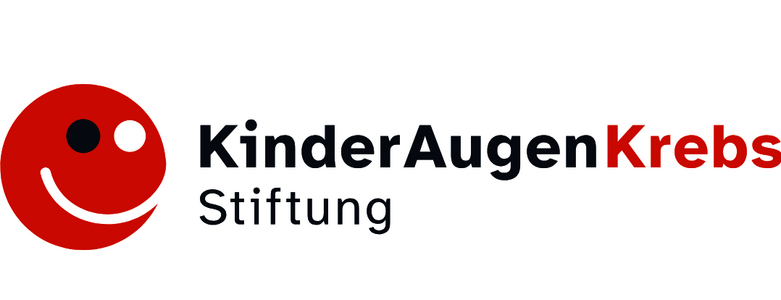 Rundes, rotes Smiley mit einem schwarzen und einem weißen Auge neben dem Schriftzug 'KinderAugenKrebs Stiftung' in schwarzer und roter Schrift.