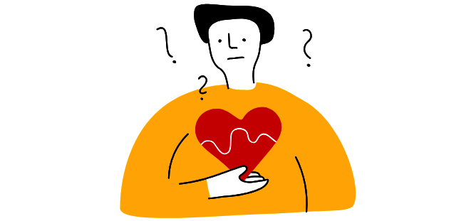 Oft wissen Betroffene lange nicht, was mit ihnen los ist. Person mit fragendem Gesichtsausdruck hält ein rotes Herz vor der Brust, umgeben von Fragezeichen