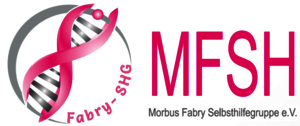 Logo mit einer stilisierten DNA-Doppelhelix in Pink und Grau, daneben der Schriftzug 'MFSH' in Pink und darunter 'Morbus Fabry Selbsthilfegruppe e.V.'