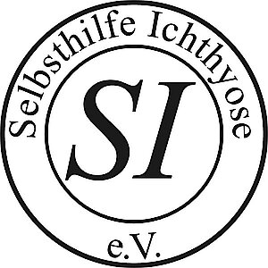 Schwarz-weißes Logo der Selbsthilfe Ichthyose e.V. In der Mitte stehen die großen Buchstaben „SI“. Das Logo ist von zwei Kreisen umgeben. Im äußeren Kreis steht oben der Schriftzug „Selbsthilfe Ichthyose“ und unten „e.V.“.
