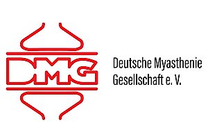 Rotes Logo mit den Buchstaben 'DMG' in Großbuchstaben, umgeben von stilisierten Linien, daneben der Text 'Deutsche Myasthenie Gesellschaft e. V.'