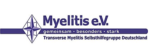 Logo mit dunkelblauem Kompassstern links und Schriftzug 'Myelitis e.V. gemeinsam  besonders  stark Transverse Myelitis Selbsthilfegruppe Deutschland'.