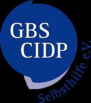 Blauer Kreis mit weißem Text 'GBS CIDP' und darunter schräg stehender Schriftzug 'Selbsthilfe e.V.'