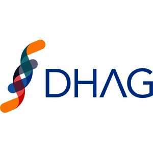 Logo Deutsche Heredo-Ataxie-Gesellschaft Bundesverband e.V. Buntes, stilisiertes DNA-Doppelhelix-Symbol links neben dem blauen Schriftzug 'DHAG'.