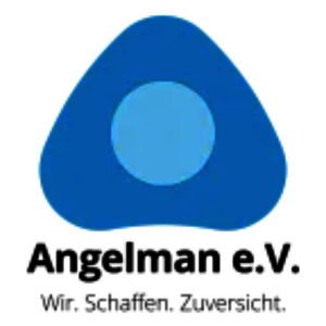 Blaues, abgerundetes Dreieck mit hellblauem Kreis in der Mitte, darunter Schriftzug 'Angelman e.V.' und Slogan 'Wir. Schaffen. Zuversicht.'