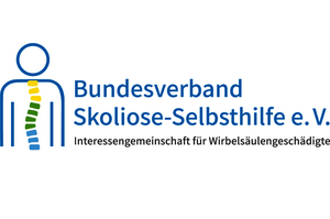 Blaues stilisiertes menschliches Oberkörper-Symbol mit farbiger Wirbelsäule in Gelb, Grün und Blau neben dem Text 'Bundesverband Skoliose-Selbsthilfe e. V.' und kleinem Untertitel.