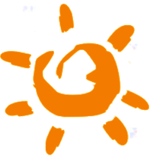 Gelb-orange stilisierte Sonne mit unregelmäßigen Strahlen in lockerer Kreisform.