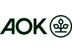 Logo der AOK mit den Buchstaben AOK und einem stilisierten Pflanzenmotiv in einem Kreis