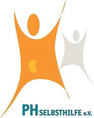 Zwei stilisierte Figuren mit erhobenen Armen, eine orange und eine graue, darunter der Text 'PH SELBSTHILFE e.V.'