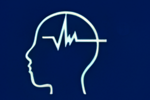 Weißer Umriss eines menschlichen Kopfes mit einer Herzfrequenzlinie im Inneren auf blauem Hintergrund.