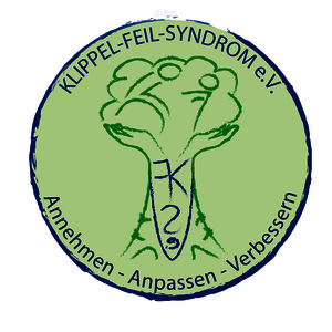 Rundes Logo mit grünem Baum in der Mitte, blauer Umrandung und Text 'KLIPPEL-FEIL-SYNDROM e.V.' oben, 'Annehmen - Anpassen - Verbessern' unten.