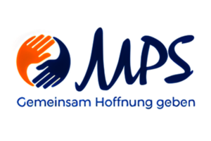 Logo mit zwei sich berührenden Händen in Orange und Blau, daneben der Schriftzug 'MPS' und darunter der Text 'Gemeinsam Hoffnung geben'.
