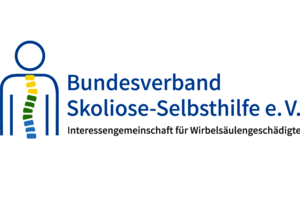 Blaues stilisiertes menschliches Oberkörper-Symbol mit farbiger Wirbelsäule in Gelb, Grün und Blau neben dem Text 'Bundesverband Skoliose-Selbsthilfe e. V.' und kleinem Untertitel.