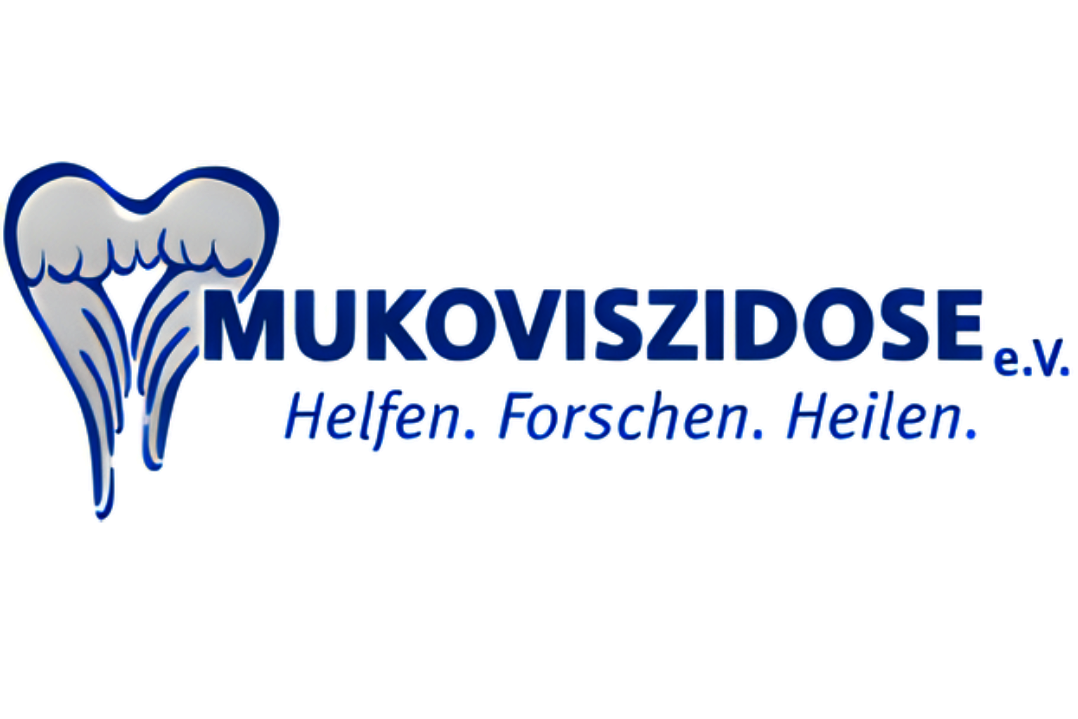 Blaues Logo mit stilisierter Lunge links, daneben Schriftzug 'MUKOVISZIDOSE e.V.' und darunter 'Helfen. Forschen. Heilen.'