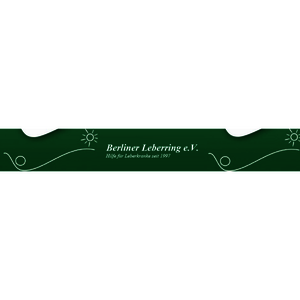 Grünes Banner mit weißer, geschwungener Linie, Sonne und Text 'Berliner Leberring e.V. Hilfe für Leberkranke seit 1997'.