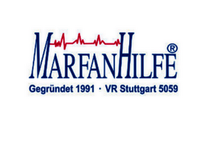 Logo von MarfanHilfe mit blauem Schriftzug und rotem EKG-Linienmuster darüber, darunter Text 'Gegründet 1991 · VR Stuttgart 5059'